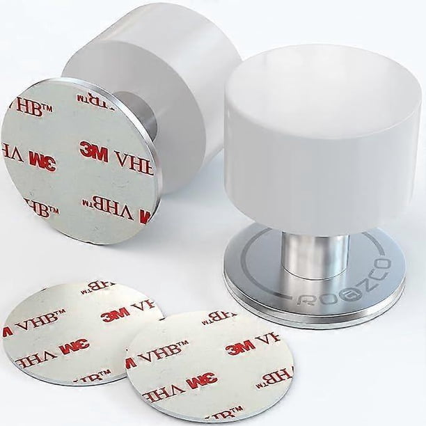 Door Stop 2-Pack with Bonus Sticker - Two Self-Adhesive White Rubber Door Stops - Heavy Duty Stainless Steel Body with Sound-Deadening Bumper Top - Su
