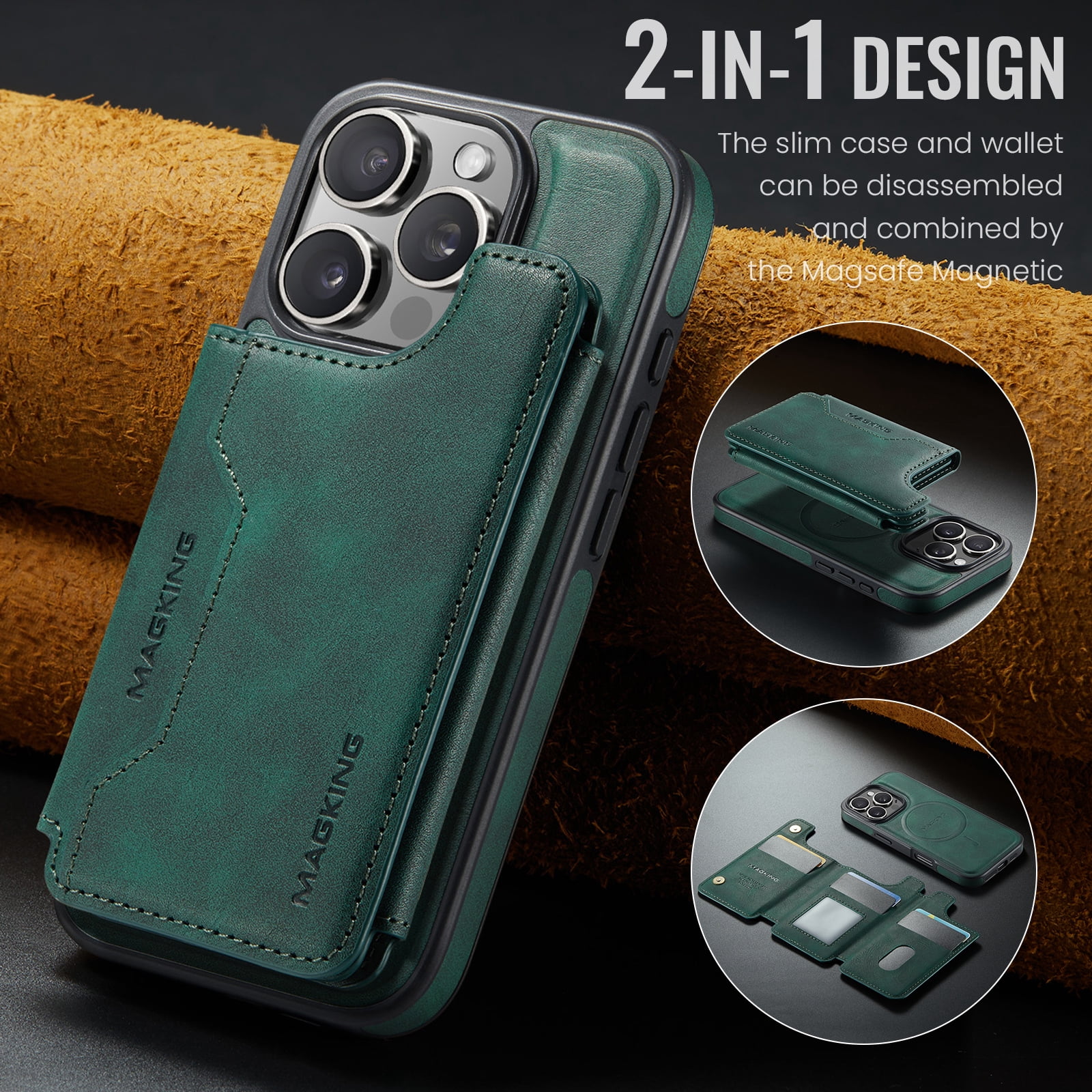 Designed for iPhone 16 Pro Max Wallet Phone Case,Magnetic Detachable Flip Card Holder,Back Flip Kickstand,Compatible with Mag-Safe,2-in-1 PU Leather Heavy Duty Shockproof Phone Case,Green