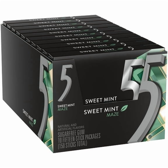 Wrigley’s 5 Gum Sweet Mint Maze Sugar-Free Chewing Gum, 10 Packs, 15 Sticks Each (150 Total)