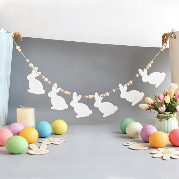 JHEHF Easter Decorations Wooden Garlands 4.1ft Easter Day Mantel Beads Banner Hanging Garland for Mantle Wall Fireplace Tiered Tray Farmhouse
