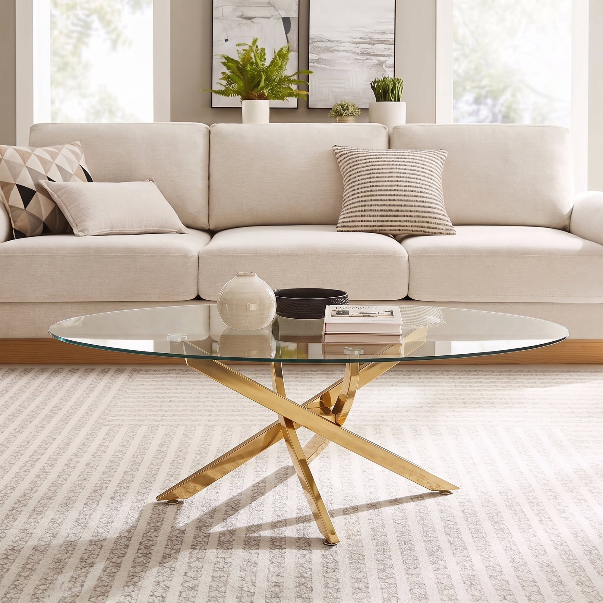 Oval Coffee Table with Tempered Glass Top and Gold Metal Legs, Modern Side Table and Tea Table for Living Room, 39.37 Inch, Gold