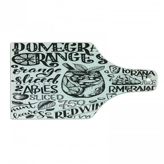 Cocktail Party Cutting Board, Sketch Pomegranate Orange Sangria Glass Fruits and Hand-written Lettering, Decorative Tempered Glass Cutting and Serving Board, in 3 Sizes, by Ambesonne