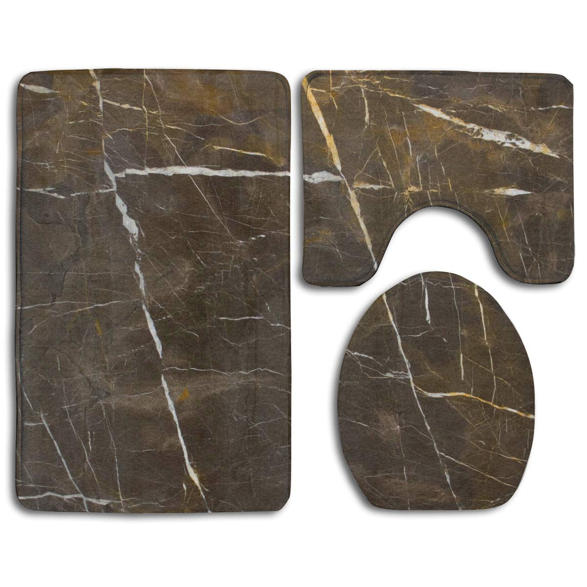 PUDMAD Coffee Brown Marble 3 Piece Bathroom Rugs Set Bath Rug Contour