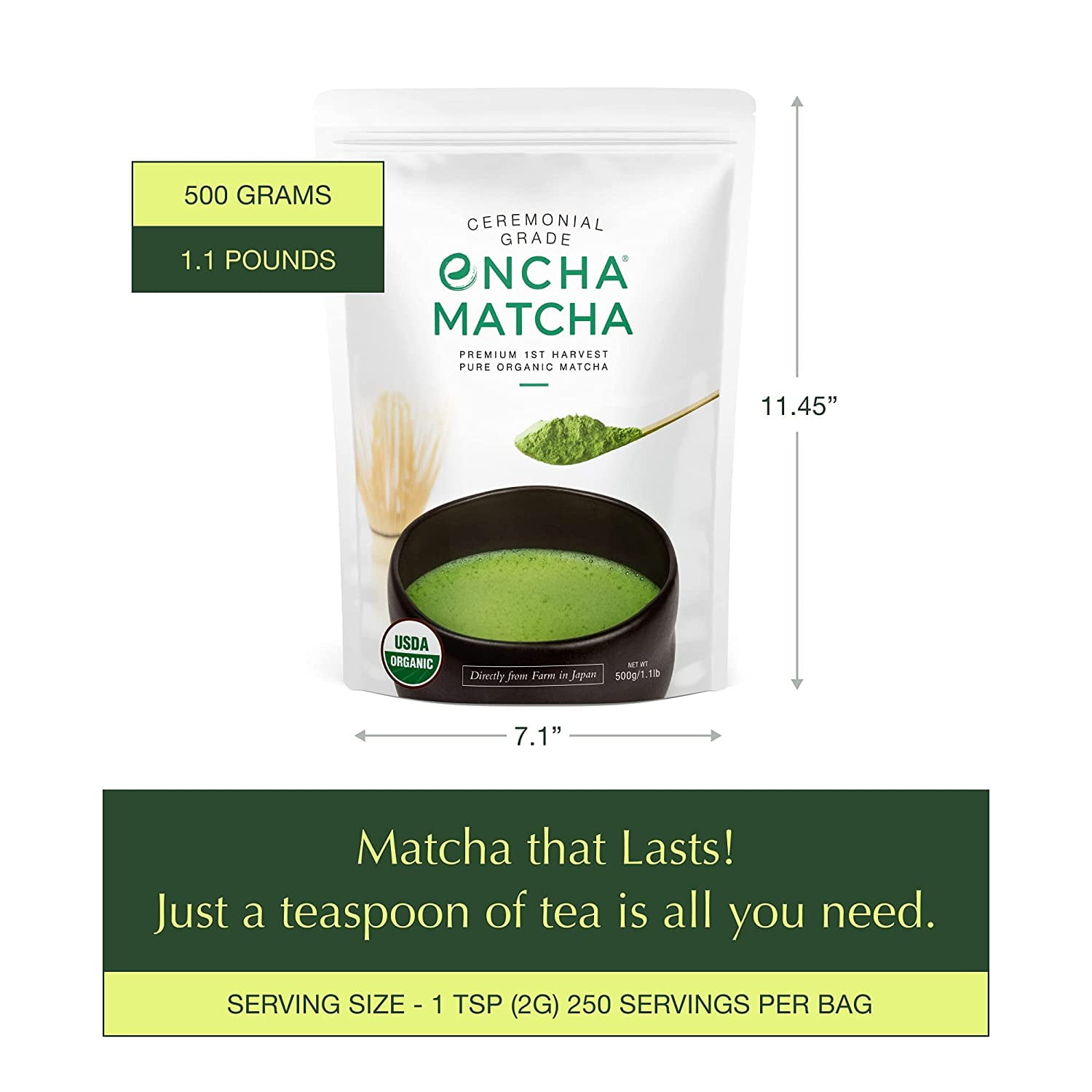 Encha Matcha Green Tea Powder, Organic Ceremonial Grade First Harvest, Uji Japan, 500g, 1.1lb