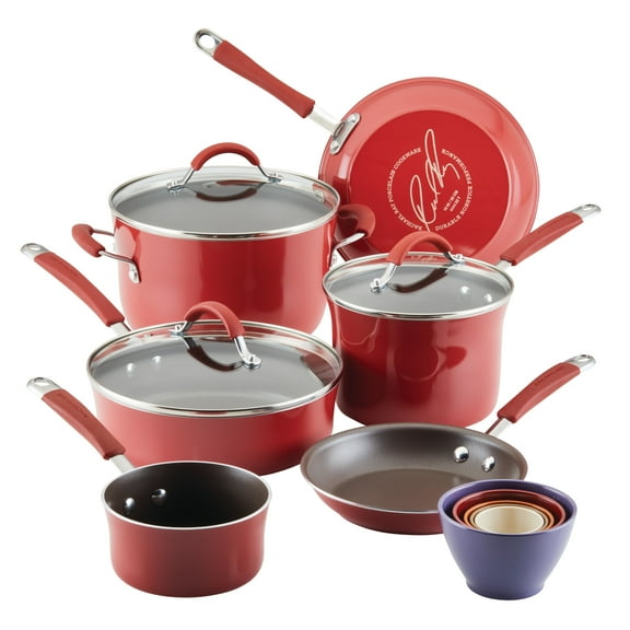 Rachael Ray Cucina Porcelain Enamel Nonstick Cookware and Measuring Cup Set, 14-Piece, Cranberry Red