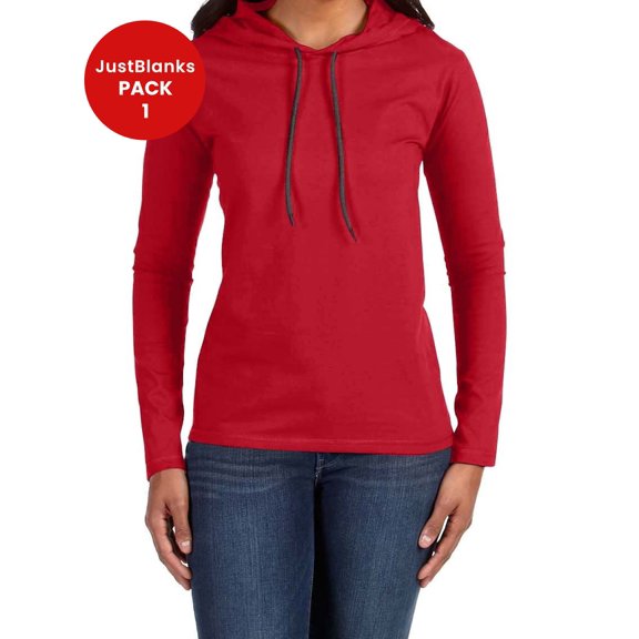 JustBlanks Ladies 100% Combed Ring Spun Cotton Long Sleeve Hooded T-Shirt Relaxed unlined hood Semi-fitted contoured silhouette with sideseams