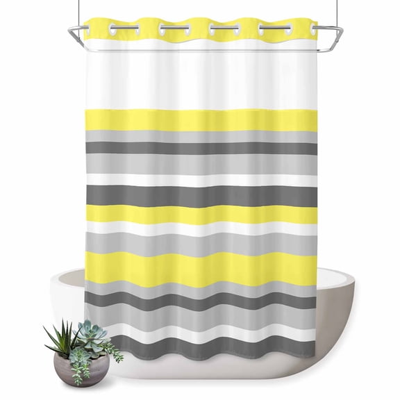 Geometric Stripes No Hook Shower Curtain Yellow Grey Shower Curtain with See Through Top Window, Waterproof Washable Fabric Curtain for Bathroom Hotel Decor, 48Wx72L