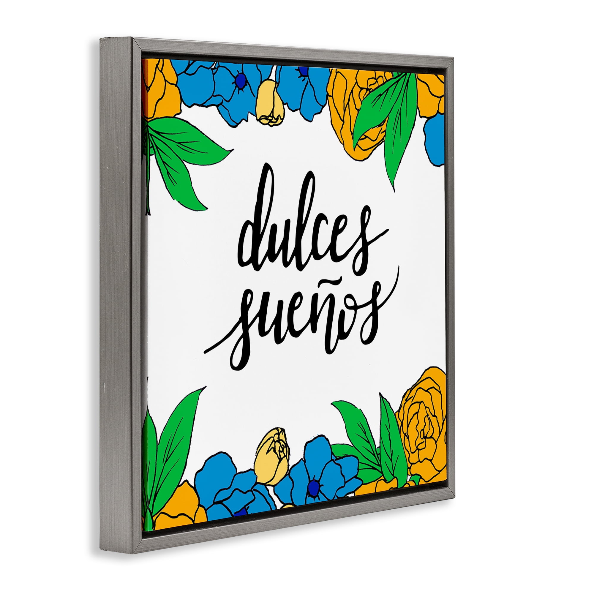 Stupell Industries Dulces Sueños Flores Tropicales Inspirational Quotes & Sayings Painting Gray Floater Framed Art Print Wall Art, 18 x 18
