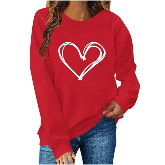 YueHuiYing Women's Oversized Hoodless Sweatshirt with Single Heart Print Crew Neck Long Sleeve - Valentine's Day Casual Comfort Top