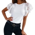thumbnail image 2 of Nmnitkp Puff Sleeve Short Sleeve Tops for Women Lace Ruffle Sleeve Crew Neck T-Shirt, Solid Color Casual Summer Tops for Daily Wear White,L, 2 of 5