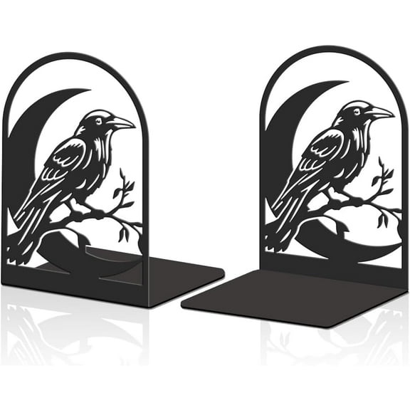 2pcs Large Black Book Ends Moon and Crow Metal Non-Slip Bookends Heavy Duty Stoppers Reading Decorative Bookends Festival Gift for School Student