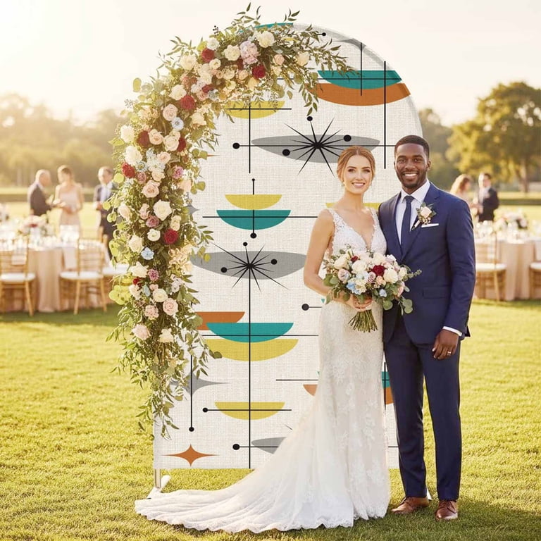 Boho Teal Yellow Orange Grey Arch Backdrop Cover, Spandex Fitted Wedding Arch Cover, Middle Century Geometric Round Top Stand Covers for Birthday Ceremony Bridal Shower Party Decor 4x1.65 Ft