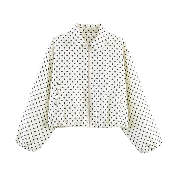 Byworldtasic Women's Polka Dot Print Cropped Bomber Jacket Zip-Up Long Sleeve Lightweight Casual Daily Outerwear with Pockets