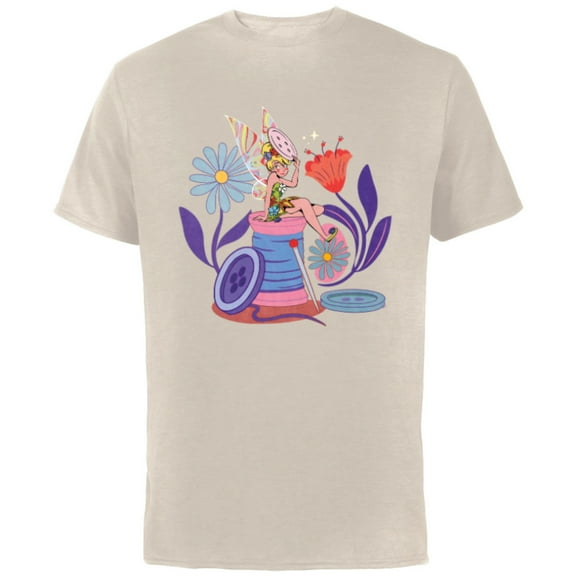 Disney Princess Tinker Bell Fairy Buttons and Thread - Short Sleeve Cotton T-Shirt for Adults - Customized-Natural