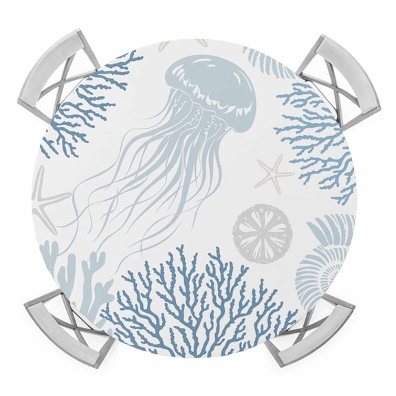 Light Blue Coastal Round Tablecloth for 36-44 Inch Tables,Fitted Table Cover with Elastic Edge,Coral Jellyfish Starfish Ocean Nautical Waterproof Outdoor Table Cloth Protector for Patio Garden Dinner