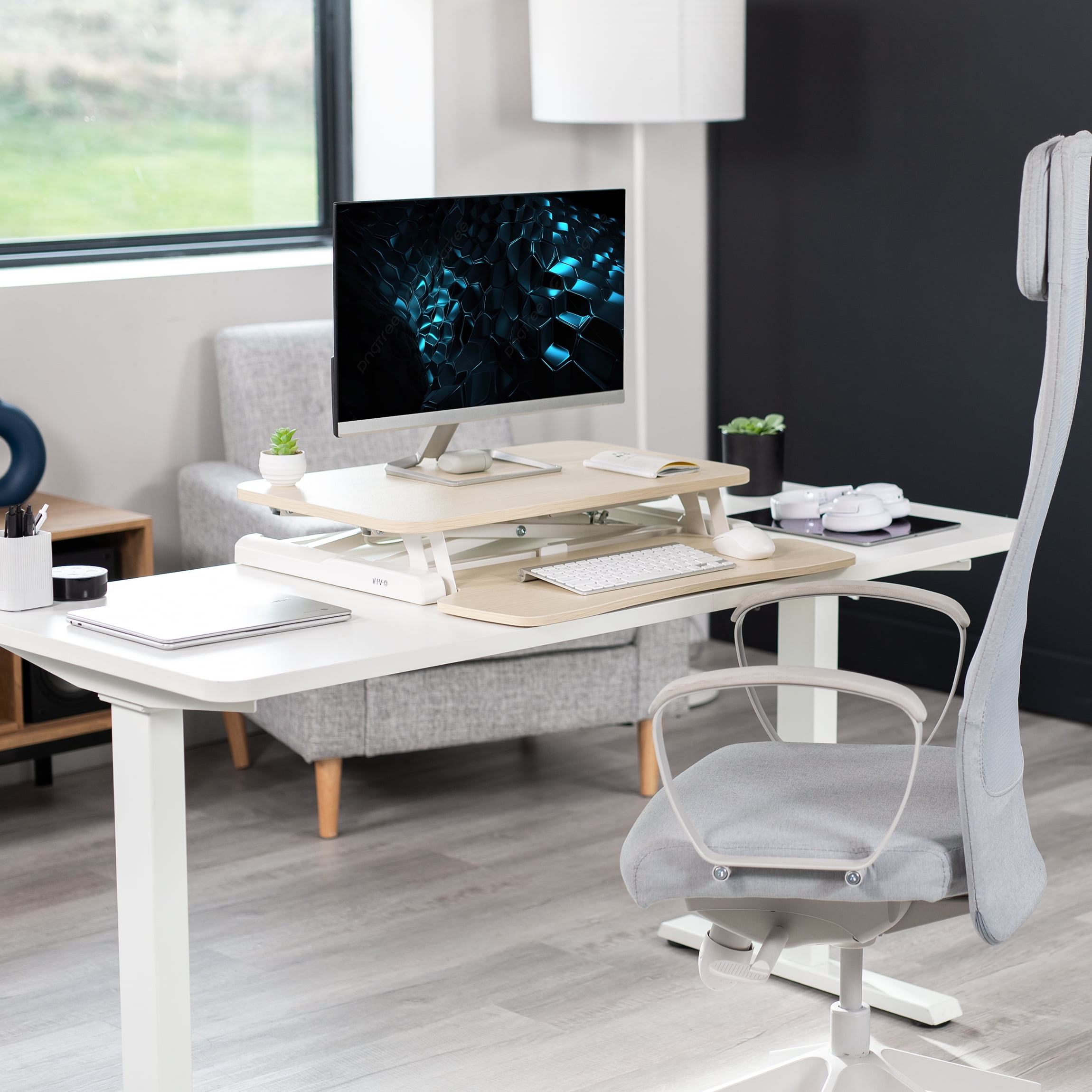 VIVO Light Wood 26" Height Adjustable Standing Desk Monitor Riser, White Frame