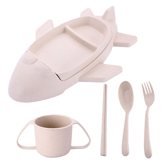 Airplane Shaped Tableware Set for Kitchen and Dining Table - Fiber Dinner Tray for Boys and Girls with Separate Plates Cutlery and Water Cup Wheat Straw Design