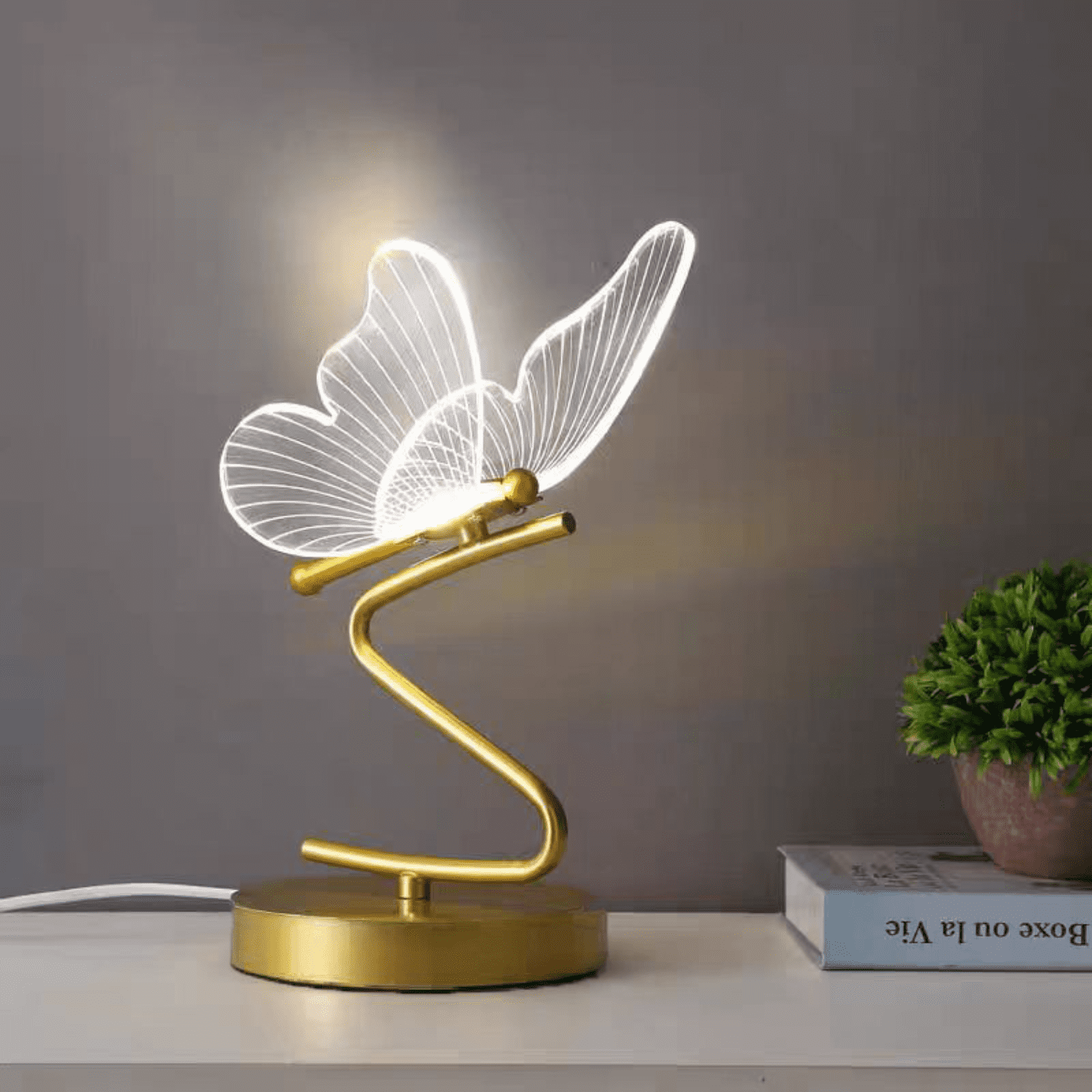 LED Butterfly Table Lamp with Acrylic Wings - 3-Color Dimmable Nordic Desk Lamp for Bedroom - Modern Gold Accent Nightstand Light for Living Room Home Office - Touch Button Base