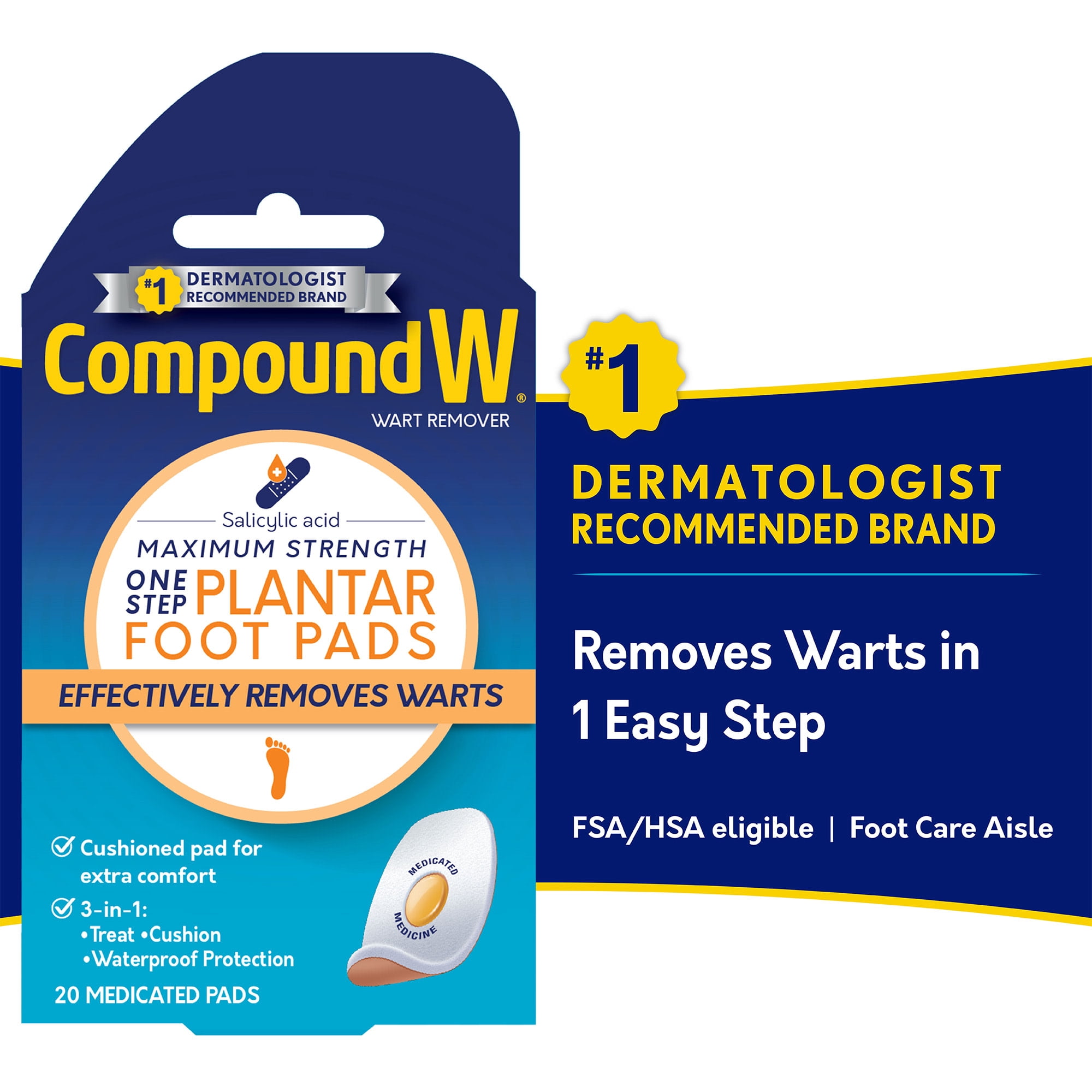 Compound W Maximum Strength One Step Plantar Wart Remover Foot Pads, Salicylic Acid, 20 Count