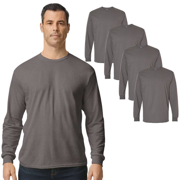Gildan Men's Crew Neck Long Sleeve T-Shirt, Heavy Cotton Classic Fit Tee, Charcoal, 4-Pack, S