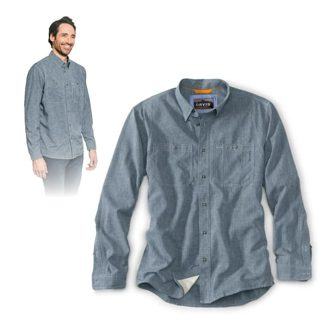 Camisa Orvis Tech Chambray de manga larga para trabajo, ligera, azul