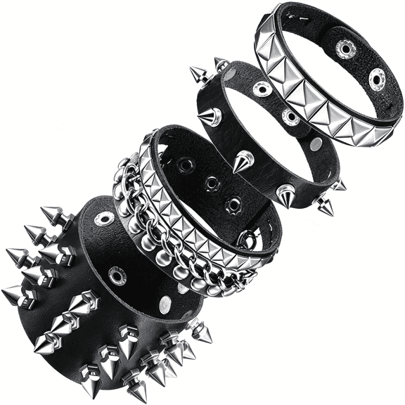 DESIGNICE Indie Grunge Studs Spiked Bracelet Goth Jewelry Accessories for Cool Rocker Skater Biker,4 Pieces Men Punk Black Pu Leather Cuff Bracelets Set