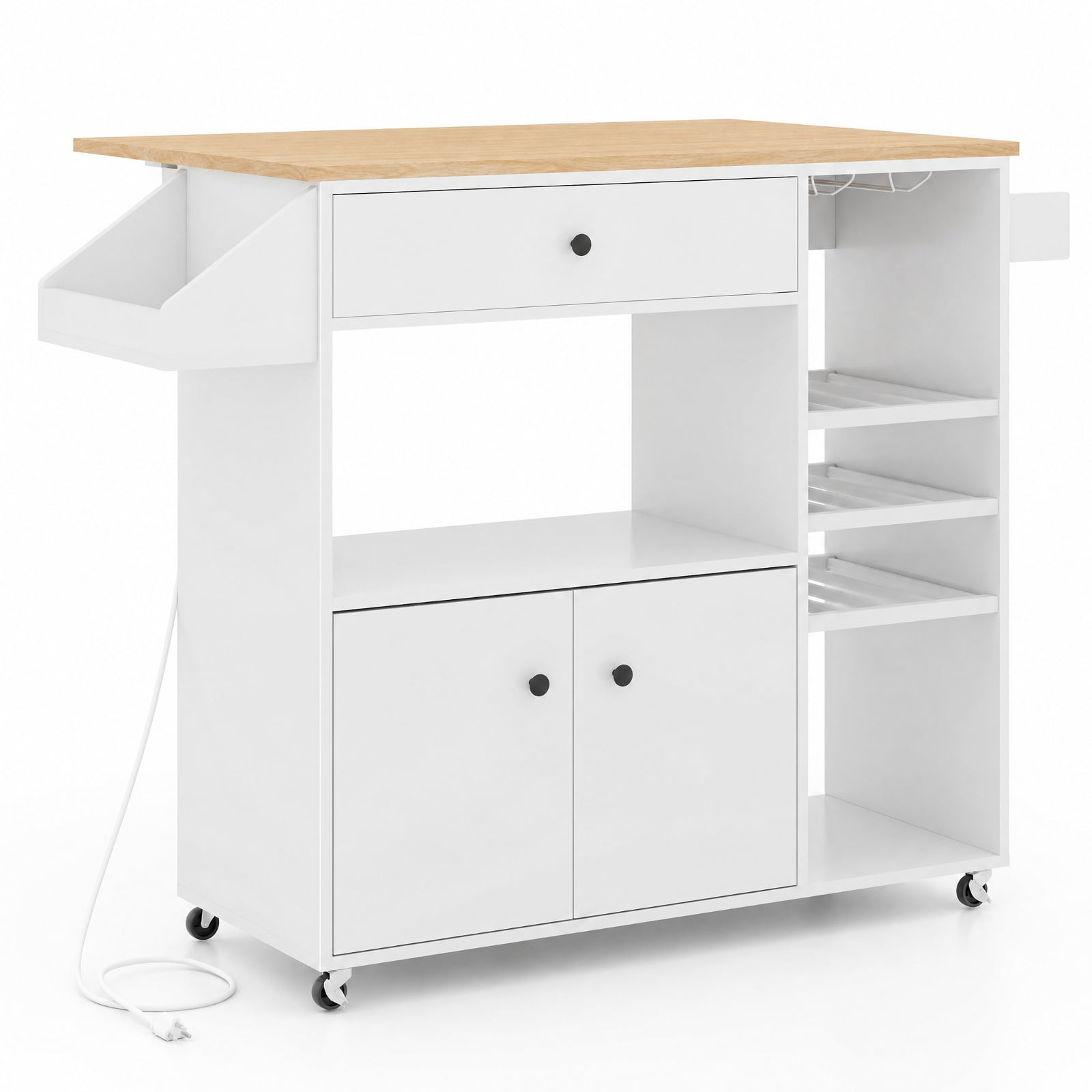 Furnibear Drop Leaf Mobile Kitchen Island Cart with Power Outlet Adjustable Shelf Wine Rack and Storage Cabinet for Small Kitchens, White
