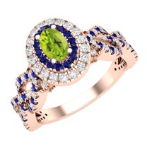 Dazzlingrock Collection 6X4mm Oval Peridot with Round Blue Sapphire & White Diamond Interweaving Double Halo Wedding Ring for Women in 10K Rose Gold, Size 10