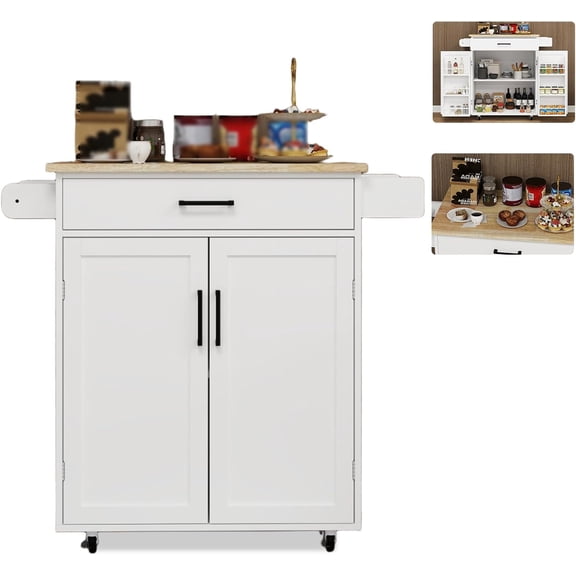 LQLI 36" Rolling Kitchen Cart with Drawer, Movable Kitchen Island with Wheels, Portable Rolling Island with Rubber Wood Top and Cabinet & Adjustable Shelf for Small Spaces Dining Room