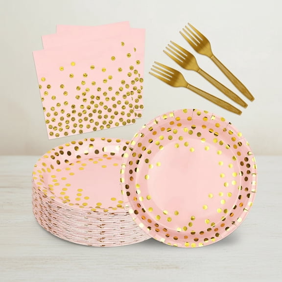 Pink and Gold Paper Plates and Napkins Party Supplies, Disposable Paper Tableware Set for Birthday Wedding Bridal Shower Decorations
