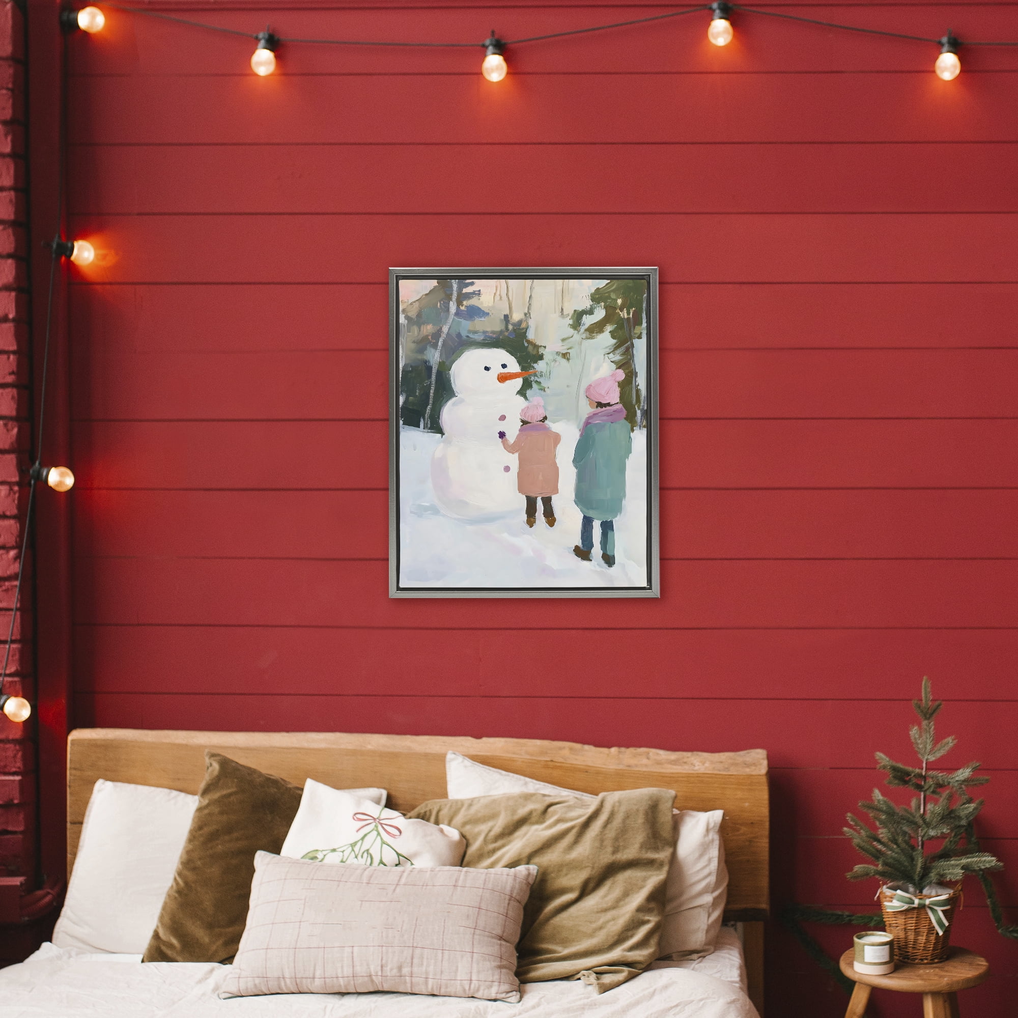 Stupell Industries Two Girls With Snowman Gray Framed Floater Canvas Wall Art, design by The Prints Vibe
