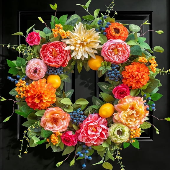 Spring Wreath for Front Door 24 Inch, Summer Floral Wreath with Peony Dahlia Hydrangea, Outdoor Door Decoration with Lemons and Berries