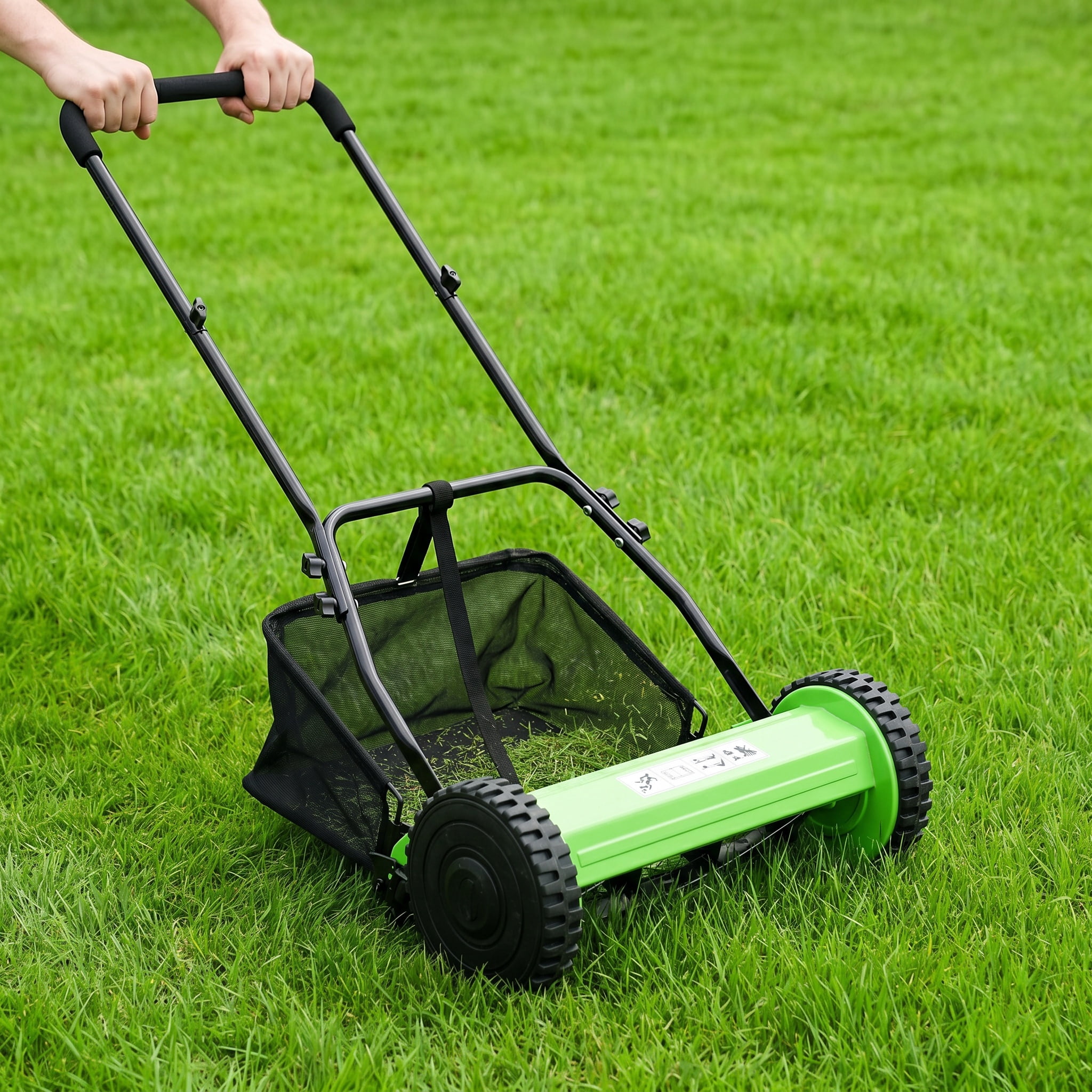 Zateety 14-Inch 5-Blade Push Reel Lawn Mower with Grass Catcher, GREEN COLOR