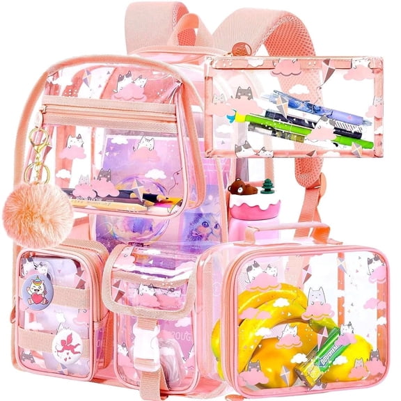 3Pcs Clear Backpack for Girls, School Transparent Bookbag, Heavy Duty See Through Backpacks for Teens Elementary