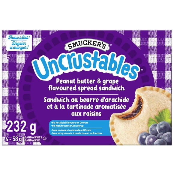 Smucker's Uncrustables Sandwich au Beurre d'Arachide et à la Tartinade Aromatisée aux Raisins, congelé, 58g Pack of 4
