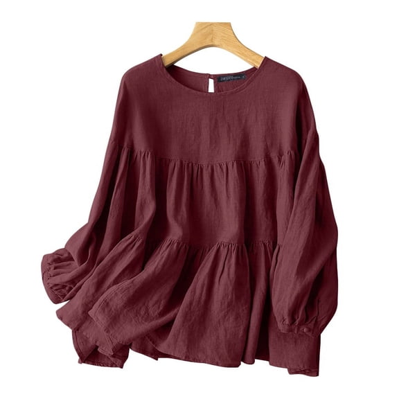 ZANZEA Women Long Sleeve O Neck Shirt Tee Tiered Tops Casual Loose Solid Blouse