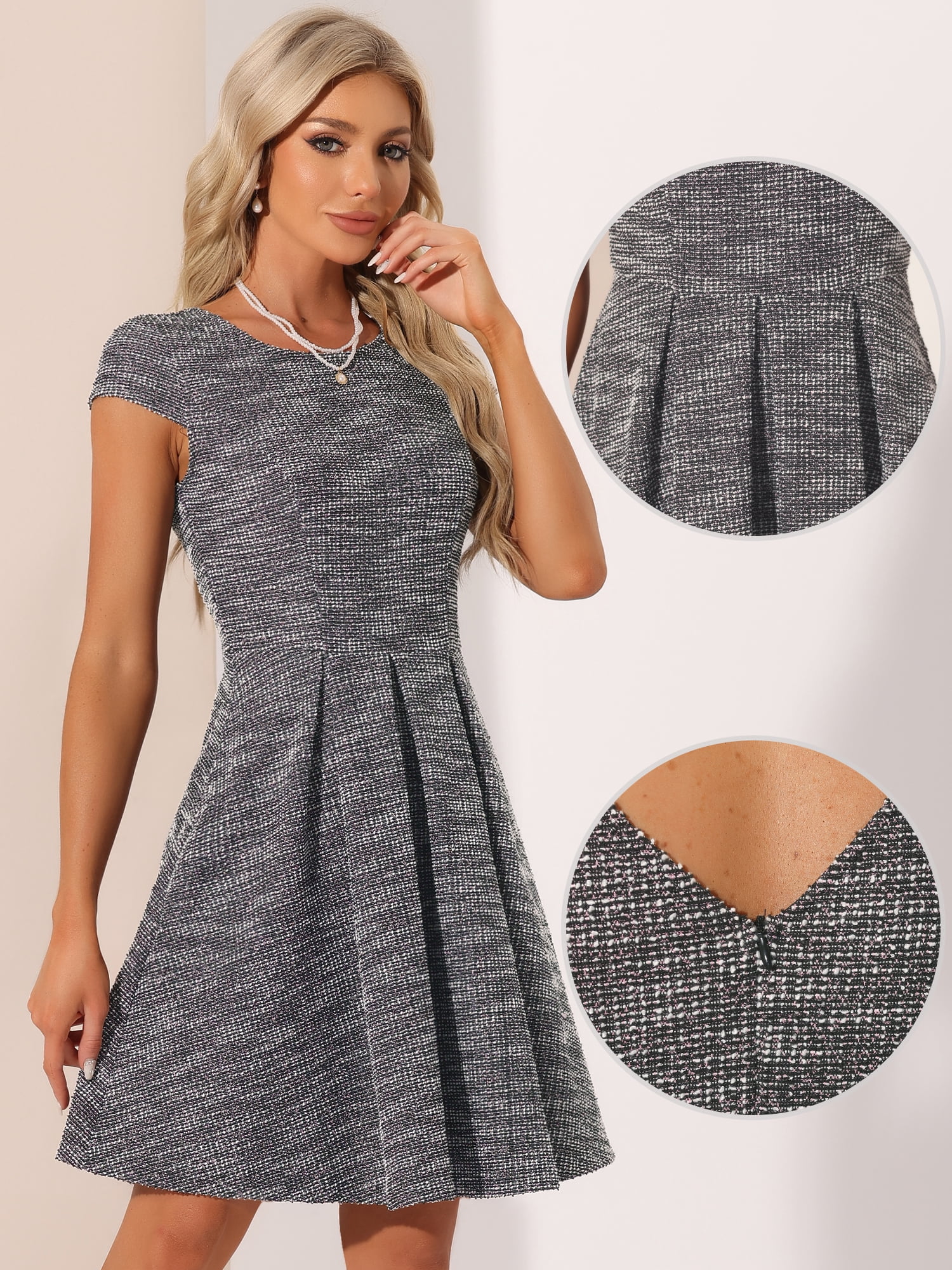 DARING DIVA Women's Tweed Cap Sleeve A Line Vintage Pleated Dresses L Black Pink