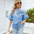 thumbnail image 4 of Women'S Tie Button Up Mock Neck Jean Shirt Fashion Elastic Puff Sleeves Loose Fit Cropped Denim Tops Light Blue M, 4 of 9