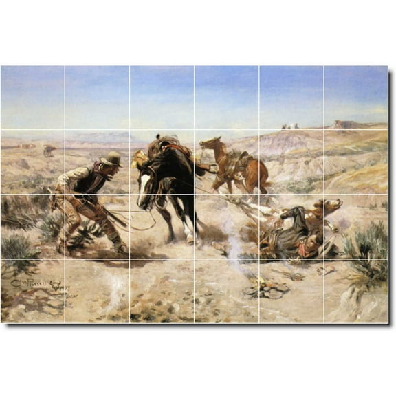 Ceramic Tile Mural-Charles Russell Western Floor Tile Mural 14. 25.5" w x 17" h using (24) 4.25 x 4.25 ceramic tiles