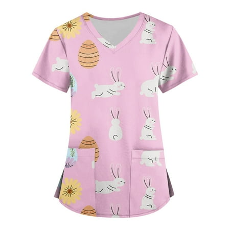 

DNDKILG Women s Easter Short Sleeve Uniform Working V Neck Nursing Scrubs Holiday Scrubs Top Pockets Professionals T Shirt L