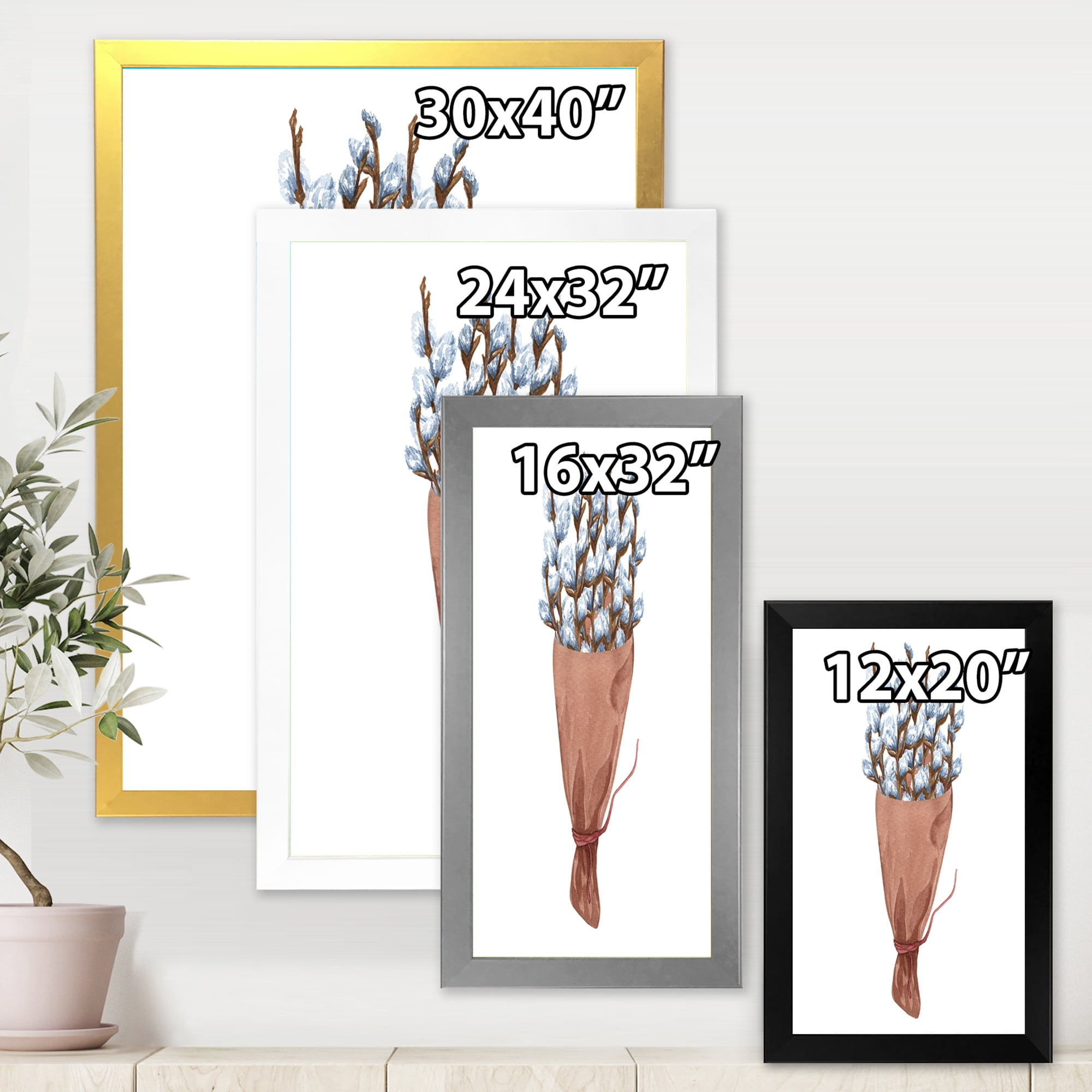 Designart 'Bunch of White Pussy Willow Twigs I' Farmhouse Framed Art Print