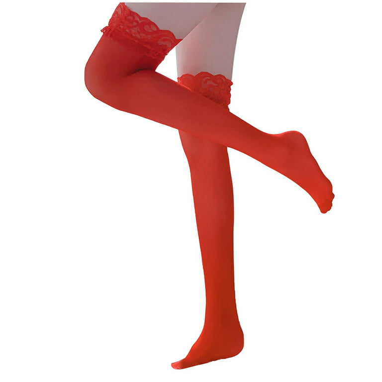 Lovskoo Women Girls One Pairs Thigh High Stockings Festival Extra Long  Satin Lace Tights Silky Semi Sheer Stocks Red
