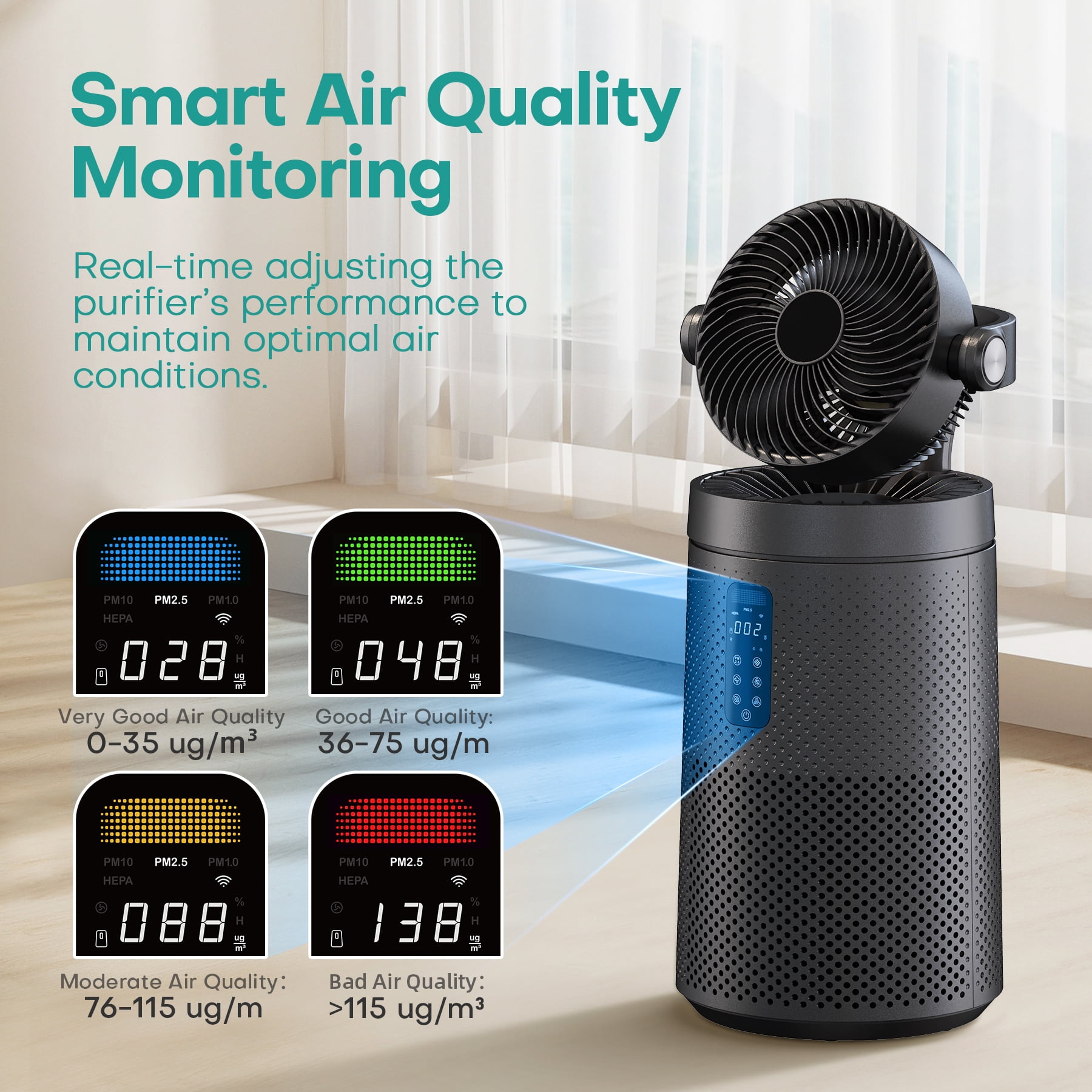 Air Purifier Fan for Home Large Rooms Up to 2500 Sq.Ft Smart WiFi Air Circulator Cleaner with Washable Filter, Space Gray