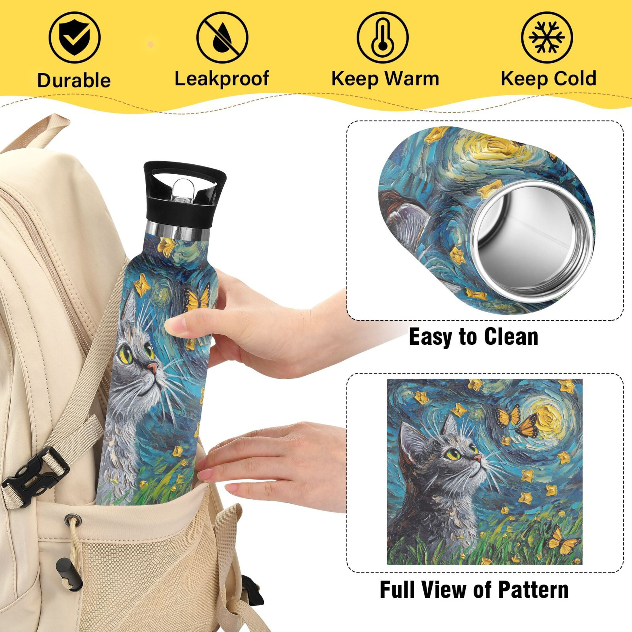 600ML Stainless Steel Insulated Cup Sports Water Bottle Portable Thermos Cup Water Glasses Insulated Tumblers Convenient and Durable Starry Sky Cat Butterfly