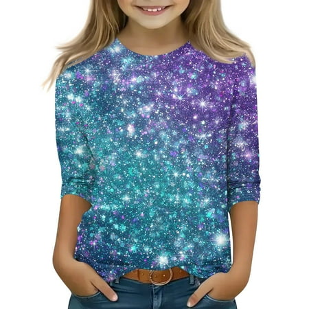 Iaqnaocc Shirts for Kids Girls Size 8 3/4 Length Sleeve Cute Sequins Print Tunic Tops Girls Clothes Fashion Round Neck Blouses Casual Soft Clothes for Teen Girls Blue 6-7 Years