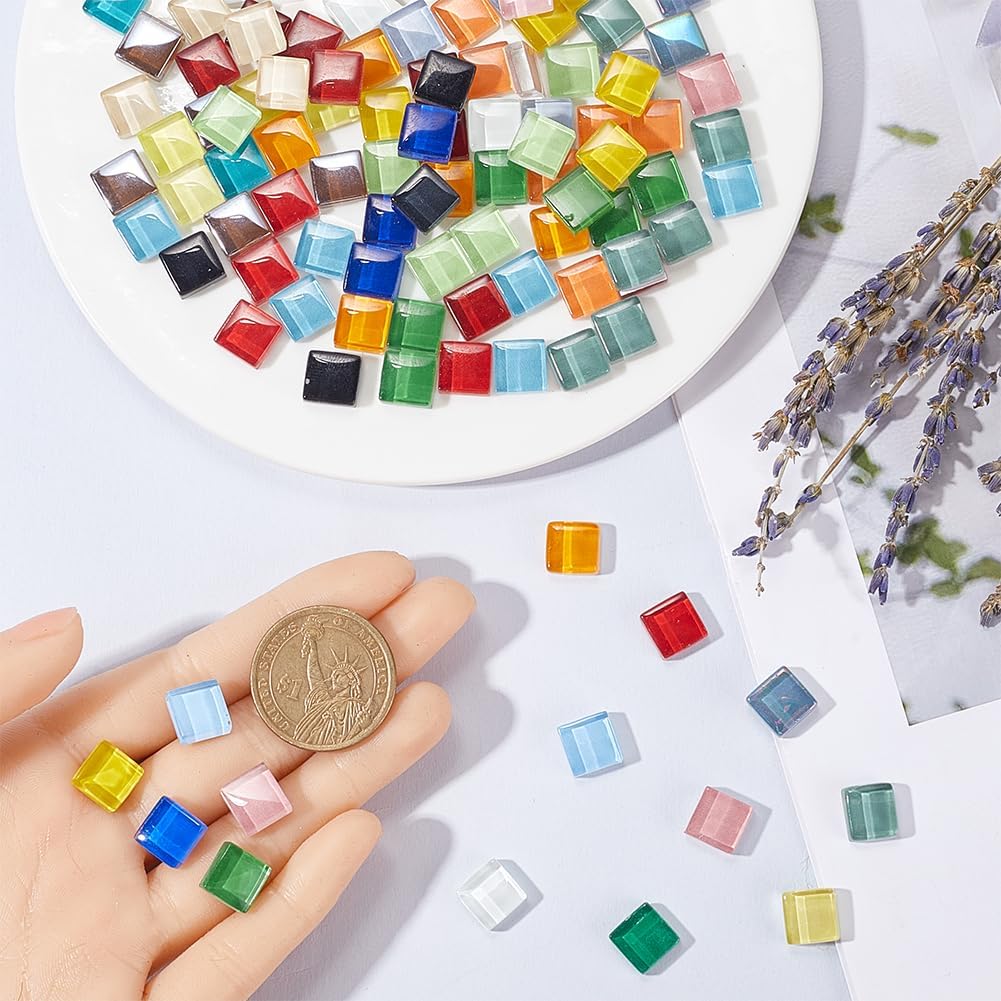 1set 500G/1.1lb Mosaic Glass Tiles Glass Mosaic Square Pieces 10mm Colorful Assorted Colors Glasses Tile Cabochons Piece Bulk for Adults Handmade DIY Crafts Home Art Decoration Supplies Colorful DIY