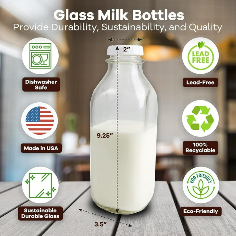  The Dairy Shoppe Heavy Glass Milk Bottle - Jug with Lid and a  Silicone Pour Spout - Clear Milk Container for Fridge - Reusable Glass Milk  Jug Dispenser - Made in