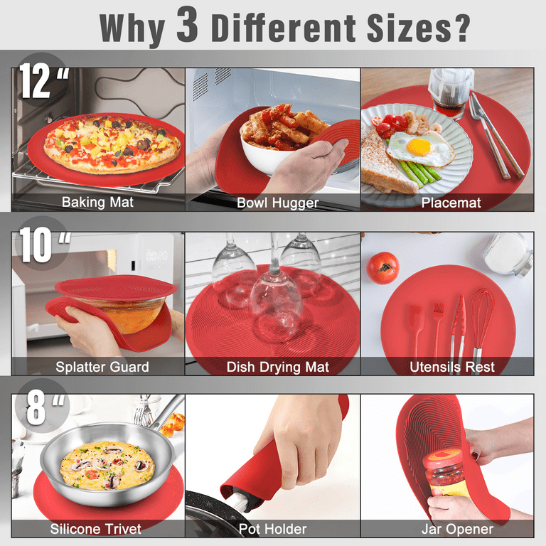  Silicone Hot Pads (Set of 4) - 6 in 1 Multi-Purpose Kitchen  Tool, Pot Holder, Splatter Guard, Microwave Cover, Jar Opener, Decorative  Trivet, Red, 8 Inches. Includes 121 Cooking Secrets Ebook: Home & Kitchen