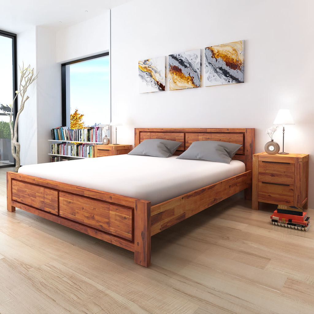 vidaXL Bed with Nightstands Solid Acacia Wood Brown King Size Walmart