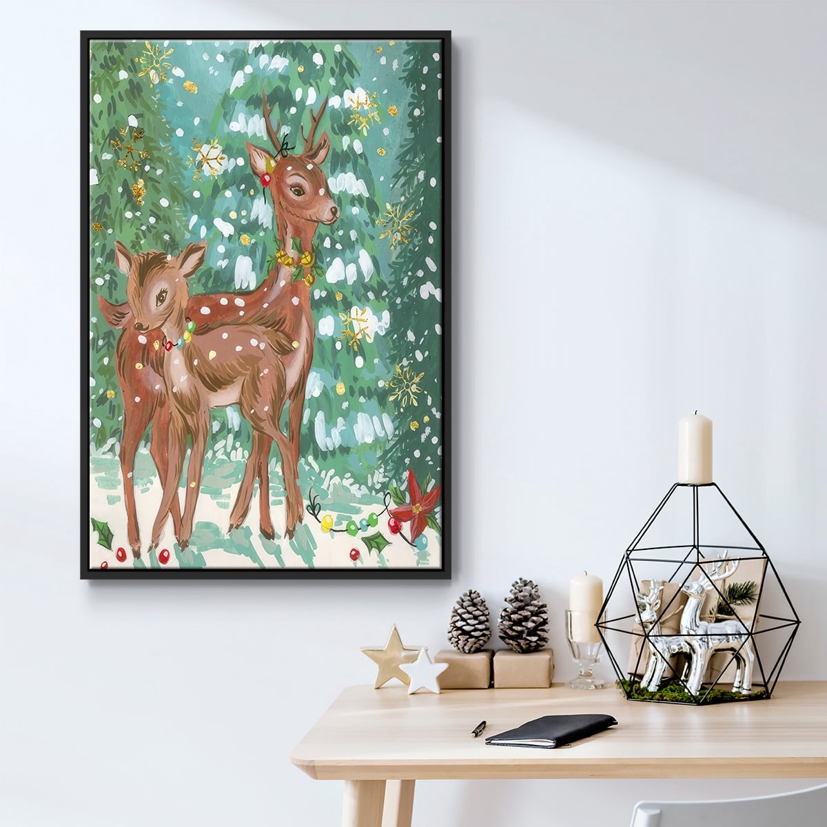 Doe and Fawn II - Framed Gallery Wrapped Holiday Canvas - 27 x 41 - Black Frame